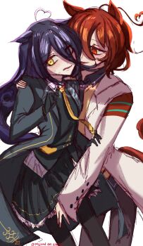 Rule 34 | 2girls, adjusting eyewear, agnes tachyon (umamusume), ahoge, belt, black belt, black coat, black gloves, black hair, black pantyhose, black shirt, black skirt, blush, brown hair, caress, coat, collared shirt, commentary, english commentary, expressive hair, gloves, hair between eyes, hand on another's arm, hand on another's shoulder, hand on another's thigh, hand up, heart, heart ahoge, highres, huge ahoge, lab coat, long hair between eyes, long sleeves, manhattan cafe (umamusume), multiple girls, nail polish, necktie, open clothes, open coat, pantyhose, parted lips, pleated skirt, polyjamd, red eyes, shirt, short hair, simple background, skirt, sweatdrop, twitter username, umamusume, white background, white coat, yellow eyes, yellow necktie, yuri