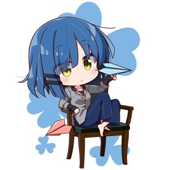 1girl barefoot blue_hair blush bocchi_the_rock! chair chibi chibi_only chika_(06chimika13) closed_mouth collarbone commentary_request denim full_body hair_ornament hairclip holding holding_paper_airplane jeans knees_up long_sleeves looking_to_the_side mole mole_under_eye on_chair pants paper_airplane parallel_hairclips short_hair simple_background sitting solo white_background yamada_ryo yellow_eyes