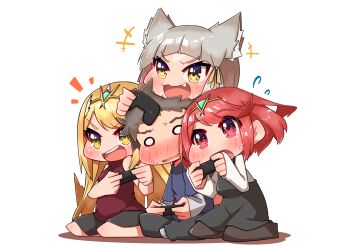 1boy 3girls absurdres animal_ears cat_ears cat_girl chibi highres husband_and_wives long_hair multiple_girls mythra_(xenoblade) nia_(xenoblade) no_background osora_(judithandlilith) pyra_(xenoblade) red_eyes red_hair rex_(xenoblade) short_hair very_long_hair xenoblade_chronicles_(series) xenoblade_chronicles_2 yellow_eyes