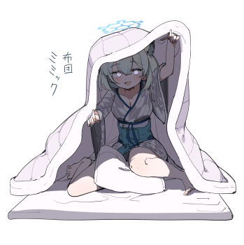 1girl absurdres animal_ears bath_yukata blanket blue_archive breasts futon glowing glowing_eyes grey_kimono halo highres japanese_clothes kimono knees_together_feet_apart lifting_covers maton_3110 naughty_face no_bra official_alternate_costume pillow bad_tag shigure_(blue_archive) shigure_(hot_spring)_(blue_archive) simple_background sleeping smile tail under_covers weasel_ears weasel_girl weasel_tail yukata