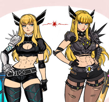 Rule 34 | 2girls, abs, armor, asymmetrical gloves, black gloves, blonde hair, blue eyes, clawed gauntlets, cleavage cutout, clothing cutout, collar, crop top, dual persona, fingerless gloves, gauntlets, glaring, gloves, hand on own hip, hands on own hips, highres, in-franchise crossover, long hair, magik (x-men), marvel, marvel rivals, marvel tokon: fighting souls, multiple girls, muscular, muscular female, neggoartz, pantyhose, pauldrons, planted, planted sword, planted weapon, short shorts, shorts, shoulder armor, shoulder spikes, single arm guard, single gauntlet, spiked armor, spiked collar, spiked gauntlets, spiked pauldrons, spiked thigh strap, spikes, superhero costume, sword, thighhighs, torn clothes, torn pantyhose, weapon, x-men