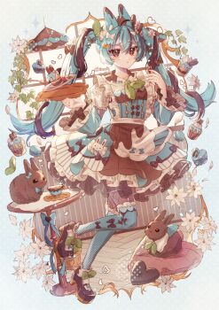 Rule 34 | 1girl, :<, ahoge, animal ears, apron, basketweave, blue bow, blue dress, blue hair, blue socks, border, bow, brown bow, brown dress, brown eyes, brown footwear, brown hair, cafe, cake, candy, chocolate, chocolate heart, commentary, crossed bangs, cup, cupcake, cushion, dress, dress bow, falling petals, fishnet pantyhose, fishnets, flower, food, food-themed clothes, frilled dress, frilled sleeves, frilled socks, frills, full body, green neckerchief, hair between eyes, hair bow, hair flower, hair ornament, hands up, hanging light, heart, heart-shaped food, heart print, high heels, highres, holding, holding tray, indoors, juliet sleeves, leaf hair ornament, long hair, long sleeves, macaron, maid apron, maid headdress, medium dress, mint, mint chocolate, multicolored dress, multicolored hair, neckerchief, original, outside border, over-kneehighs, pantyhose, petals, plant, plate, pleated dress, puffy sleeves, pumps, rabbit ears, rabbit girl, saucer, socks, standing, standing on one leg, streaked hair, striped clothes, striped dress, symbol-only commentary, table, tea, teacup, thighhighs, tray, tsukumi bis, twintails, two-tone hair, vines, whipped cream, white border, white bow, white flower, white socks, window