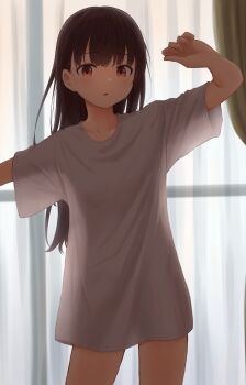 1girl absurdres black_hair brown_eyes brown_hair commentary_request cowboy_shot curtains hand_up highres indoors kagari_ds light_blush long_hair looking_at_viewer no_pants original outstretched_arm oversized_clothes oversized_shirt parted_lips see-through_silhouette shirt short_sleeves solo standing t-shirt white_shirt window