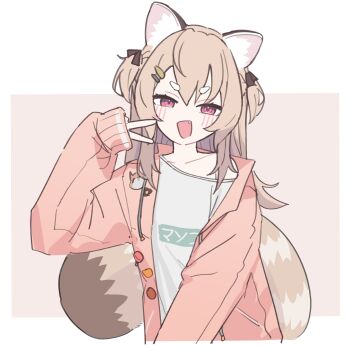 1girl :d absurdres brown_hair fang highres jacket komachi_panko komachi_panko_(3rd_costume) looking_at_viewer lyrinne official_alternate_costume official_alternate_hair_length official_alternate_hairstyle open_mouth oversized_clothes oversized_shirt phase_connect pink_jacket red_eyes red_panda_ears red_panda_girl red_panda_tail shirt simple_background sleeves_past_wrists smile solo thick_eyebrows two-tone_background v virtual_youtuber