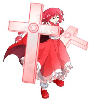 1girl alphes_(style) bobby_socks bow bowtie braid capelet commentary_request cross dairi frilled_skirt frills full_body hair_between_eyes hair_bow hexagram highres large_variant_set loafers long_braid long_hair long_skirt long_sleeves okazaki_yumemi parody red_bow red_bowtie red_capelet red_hair red_shirt red_shoes red_skirt see-through_clothes shirt shoes single_braid skirt skirt_set socks solo standing style_parody tachi-e touhou touhou_(pc-98) transparent_background undershirt variant_set white_bow white_shirt white_socks