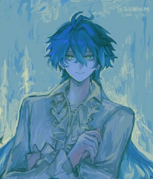 1boy blue_hair blue_shirt closed_mouth collared_shirt crossed_bangs double-parted_bangs flins_(genshin_impact) frilled_shirt frills genshin_impact highres long_hair long_sleeves looking_to_the_side male_focus shirt sideways_glance smile solo tuturara33 twitter_username upper_body yellow_eyes