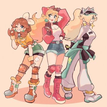 3girls aqua_shorts belt biker_clothes blonde_hair blue_eyes bodysuit boots bow breasts brown_hair chimney_(chimney0311) cleavage clothes_around_waist commentary crop_top cropped_jacket denim denim_shorts earrings fingerless_gloves flower_earrings full_body gloves green_eyes hair_bow hair_over_one_eye hat highres jacket jacket_around_waist jewelry knee_pads long_hair looking_at_viewer mario_(series) mario_kart mario_kart_world medium_breasts multiple_girls nintendo official_alternate_costume one_eye_closed open_clothes open_jacket open_mouth orange_jacket pink_bow pink_jacket ponytail princess_daisy princess_daisy_(touring) princess_peach princess_peach_(touring) rosalina rosalina_(pro_racer) short_shorts shorts simple_background smile sphere_earrings standing star_(symbol) star_earrings symbol-only_commentary