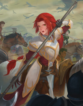 3boys 3girls armor astrid_(fire_emblem) battlefield commentary danved_(fire_emblem) english_commentary fire_emblem fire_emblem:_radiant_dawn green_eyes green_hair halberd helmet holding holding_polearm holding_shield holding_weapon horse horseback_riding kieran_(fire_emblem) lips long_hair looking_at_viewer multiple_boys multiple_girls nephenee_(fire_emblem) nintendo open_mouth oscar_(fire_emblem) outdoors pegasus polearm red_hair riding riding_dragon shield short_hair solo_focus titania_(fire_emblem) weapon yagaminoue