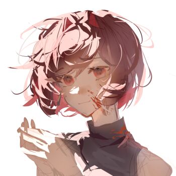 1girl animification backlighting bare_shoulders black_shirt blood blood_on_clothes blood_on_face chinese_commentary closed_mouth commentary_request earrings ellie_rose hair_between_eyes hair_intakes hands_up henry_stickmin_(series) highres humanization interlocked_fingers jewelry looking_ahead own_hands_together portrait red_eyes red_hair shirt short_hair simple_background sleeveless sleeveless_shirt sleeveless_turtleneck smile solo swept_bangs tassel tassel_earrings turtleneck turtleneck_shirt white_background xinjinjumin126442929231