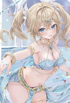 1girl :d alternate_costume barbara_(genshin_impact) bare_shoulders blonde_hair blue_eyes blue_gemstone blush breasts circlet cleavage collarbone commentary crossed_bangs drill_hair gem genshin_impact hair_between_eyes harem_outfit highres jewelry leaning_forward long_hair looking_at_viewer maruro medium_breasts navel open_mouth outstretched_arm smile solo stomach symbol-only_commentary thighlet twin_drills