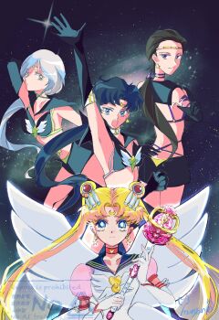 4girls bishoujo_senshi_sailor_moon black_gloves black_hair blonde_hair blue_eyes blue_sailor_collar boots breasts brooch brown_hair choker circlet crescent crescent_earrings crescent_facial_mark double_bun earrings elbow_gloves eternal_moon_article eternal_sailor_moon eternal_tiare facial_mark forehead_mark garnet_rod gloves hair_bun hair_ornament heart heart_brooch heart_hair_bun highres jewelry layered_skirt long_hair magical_girl multiple_girls munya_chuu ponytail red_choker sailor_collar sailor_moon sailor_senshi sailor_senshi_uniform sailor_star_fighter sailor_star_healer sailor_star_maker seiya_kou short_hair shorts skirt taiki_kou thighhighs tsukino_usagi twintails white_gloves white_hair wing_brooch winged_wand wings yaten_kou