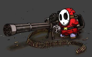 1boy adapted_costume artist_request belt bullet full_body gatling_gun grey_background gun highres holding holding_weapon machine_gun mario_(series) mask minigun nintendo shy_guy source_request stitches torn_clothes weapon yoshi's_island