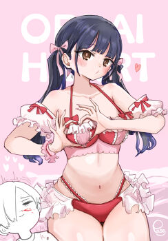 1boy 1girl bikini black_hair blood blush boku_no_kokoro_no_yabai_yatsu breasts brown_eyes commentary_request detached_sleeves frilled_bikini frills heart heart-shaped_boob_challenge heart_hands highres ichikawa_kyoutarou large_breasts large_variant_set long_hair looking_at_viewer navel nosebleed official_alternate_costume paso pink_background puckered_lips red_bikini ribbon solo_focus swimsuit variant_set yamada_anna