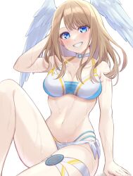 Rule 34 | 1girl, bare arms, bare shoulders, bikini, blue eyes, blush, breasts, brown hair, choker, cleavage, commentary, eunie (xenoblade), grin, head wings, highres, knee up, long hair, looking at viewer, medium breasts, navel, shinae, side-tie bikini bottom, simple background, sitting, smile, solo, stomach, swimsuit, thighs, white background, white bikini, white choker, wings, xenoblade chronicles (series), xenoblade chronicles 3
