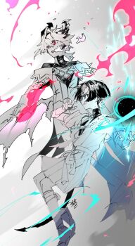 2boys aqua_halo arm_at_side armor artistic_error blue_eyes blunt_ends bodysuit breath_weapon breathing_fire cape chest_jewel cleavage_cutout clenched_teeth clothing_cutout coattails collar curled_fingers dragon_boy dragon_horns dragon_tail dragon_wings feathers fingernails fire furisode gem genshin_impact gloves grey_background hakama hakama_shorts halo halo_behind_head hand_up hands_up heart-shaped_gem highres hip_vent horns japanese_armor japanese_clothes kimono kote leg_warmers limited_palette long_sleeves looking_to_the_side mandarin_collar mini_durin_(genshin_impact) mini_durin_(human)_(genshin_impact) multiple_boys open_clothes open_hand open_kimono pink_wings pleated_shorts pom_pom_(clothes) red_eyes saba_77 scaramouche_(genshin_impact) short_sleeves shorts shoulder_peek sideways_mouth single_hair_intake slit_pupils tail tassel teeth turtleneck turtleneck_bodysuit vision_(genshin_impact) vortex wanderer_(genshin_impact) wind wings