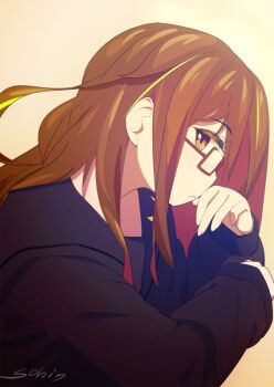 Rule 34 | 1girl, black sailor collar, black serafuku, brown eyes, brown hair, closed mouth, commentary request, from side, kantai collection, long hair, long sleeves, looking at viewer, mochizuki (kancolle), orange background, profile, red-framed eyewear, sailor collar, school uniform, serafuku, signature, simple background, sohin, solo, upper body