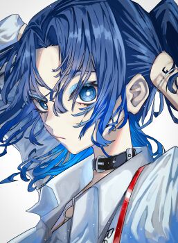 Rule 34 | 1girl, absurdres, arms behind head, arms up, black choker, blue eyes, blue eyeshadow, blue hair, bracelet, choker, closed mouth, eyeshadow, handa vega, highres, hiodoshi ao, hiodoshi ao (regloss uniform), hololive, hololive dev is, jewelry, looking at viewer, makeup, medium hair, official alternate costume, official alternate hairstyle, ponytail, shirt, simple background, solo, virtual youtuber, white background, white shirt