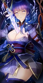 Rule 34 | 1girl, absurdres, blunt bangs, blush, breasts, bridal gauntlets, cleavage, close-up, clothing cutout, commentary, electricity, fan hair ornament, genshin impact, glowing, glowing eyes, glowing sword, glowing weapon, hair ornament, hana hebi, highres, holding, holding sword, holding weapon, huge breasts, japanese clothes, katana, kimono, light particles, lingerie, mitsudomoe (shape), mole, mole under eye, musou isshin (genshin impact), neck ribbon, night, off shoulder, parted lips, purple eyes, purple hair, purple kimono, purple nails, purple thighhighs, raiden shogun, red ribbon, red rope, red sash, ribbon, rope, sash, shoulder cutout, sky, solo, star (sky), starry sky, sword, thick thighs, thighhighs, thighs, tomoe (symbol), underwear, upper body, weapon