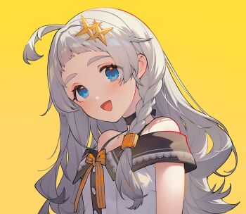 1girl a.i._voice arched_bangs blonde_hair blue_eyes blush braid commentary_request grey_hair hair_ornament kizuna_akari kizuna_akari_(tsubomi) long_hair looking_at_viewer open_mouth shirinda_fureiru simple_background single_braid solo upper_body voiceroid