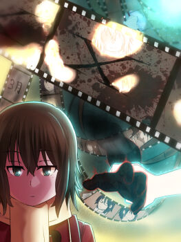 1girl adjusting_clothes adjusting_headwear blood blood_splatter blue_butterfly boku_dake_ga_inai_machi brown_eyes brown_hair bug butterfly closed_mouth commentary_request efu_(ehutan) expressionless film_strip fujinuma_satoru hinazuki_kayo insect katagiri_airi kobayashi_kenya scarf solo sugita_hiromi yashiro_gaku yellow_scarf