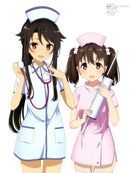 2girls absurdres artist_request black_hair blue_dress brown_eyes brown_hair collared_dress copyright_name copyright_notice dress flower furrowed_brow garter_straps hair_flower hair_ornament hair_tie hat high_school_fleet highres holding holding_stethoscope holding_syringe large_syringe light_blush long_hair long_sidelocks looking_at_viewer magazine_scan matching_outfits mc_axis multiple_girls munetani_mashiro nurse nurse_cap official_art open_mouth oversized_object pink_dress ponytail red_eyes scan shiretoko_rin short_dress side_slit sidelocks simple_background smile stethoscope stethoscope_around_neck syringe teeth thighhighs twintails upper_teeth_only white_background white_thighhighs
