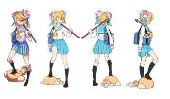 1girl ;p absurdres acfun acfun_girl bag bag_charm black_socks blonde_hair blue_bag blue_ribbon blue_sailor_collar blue_skirt brown_footwear bun_cover reference_sheet charm_(object) crowbar double_bun foot_on_head full_body hair_between_eyes hair_bun hair_ribbon hand_up highres holding holding_crowbar kneehighs loafers long_sleeves looking_at_viewer miniskirt monkey multiple_views neckerchief official_art one_eye_closed over_shoulder pleated_skirt ribbon sailor_collar school_bag school_uniform serafuku shoes short_hair shoulder_bag sketch skirt socks stepped_on tongue tongue_out turnaround weapon weapon_over_shoulder white_background white_serafuku yellow_eyes yellow_neckerchief