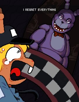 1boy 1girl absurdres alternate_costume animal_ears animal_nose animatronic antlers asepriterico baseball_cap black_hat black_necktie blonde_hair blue_shirt bonnie_(fnaf) bow bowtie buck_teeth constricted_pupils deltarune english_text five_nights_at_freddy's five_nights_at_freddy's_1 half-closed_eyes hat highres horns horns_through_headwear indoors looking_at_another necktie noelle_holiday open_mouth pixel_art rabbit rabbit_ears red_bow red_bowtie reindeer_antlers reindeer_girl scared screaming security_guard shirt snapchat sweatdrop teeth tongue utdr_(toby_fox) wide-eyed