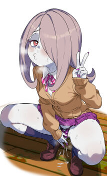 1girl black_socks blush bright_pupils brown_shoes brown_sweater buttons collared_shirt colored_skin commentary cutiemachina english_commentary female_ejaculation female_masturbation fingering fingering_through_clothes full_body grey_hair grey_skin gyaru hair_over_one_eye hand_up highres little_witch_academia loafers long_hair long_sleeves looking_at_viewer masturbation masturbation_through_clothes nail_polish neck_ribbon o3o oral pale_skin panties pink_nails pink_panties pink_ribbon pink_skirt pocket raised_inner_eyebrows red_eyes ribbon shirt shirt_under_sweater shoes skirt sleeves_past_wrists socks solo squatting steaming_body striped_ribbon sucy_manbavaran sweat sweater through_clothes underwear v white_background white_pupils white_shirt wooden_floor