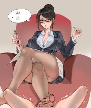 1boy 1girl absurdres academic_test bar_censor black_hair breasts brown_eyes censored cleavage clothed_female_nude_male crossed_legs feet footjob glasses hair_bun highres long_hair looking_at_viewer mature_female mole mole_under_eye nude pantyhose parted_lips pen sitting soles teacher teacher_and_student toes ved