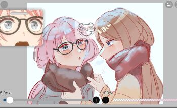 2girls art_program_in_frame bang_dream! bang_dream!_it&#039;s_mygo!!!!! blue_eyes blush brown_hair chihaya_anon commentary enpera glasses grey_eyes highres long_hair long_sleeves multiple_girls nagasaki_soyo open_mouth pink_hair red_scarf scarf symbol-only_commentary upper_body yooru_(yooruverse)