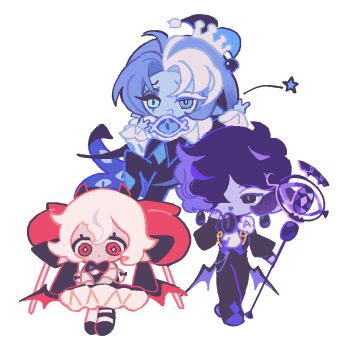 Rule 34 | + +, 1girl, 2boys, :d, apple hair ornament, aqua bow, aqua bowtie, ascot, bare arms, bare shoulders, black bodysuit, black bow, black bowtie, black dress, black hair, black jacket, black pants, black pantyhose, black sapphire cookie, black shoes, black wings, blue gem, blue hair, blue hat, blue skin, bodysuit, bow, bowtie, bright pupils, brooch, brown pantyhose, candy apple cookie, candy apple hair ornament, chibi, chibi only, closed mouth, clothing cutout, colored eyelashes, colored skin, commentary, cookie run, cookie run: kingdom, crossed ankles, curtained hair, demon girl, demon horns, demon wings, dot mouth, dot nose, double-parted bangs, double v, dress, earrings, expressionless, food-themed hair ornament, frilled sleeves, frills, full body, gem, hair between eyes, hair flaps, hair ornament, hair over one eye, hand on own cheek, hand on own face, hand up, hands up, hat, holding, holding staff, horns, humanization, jacket, jester cap, jewelry, knee up, long hair, long sleeves, mismatched eyelashes, mismatched pupils, multicolored hair, multiple boys, neck ruff, no eyebrows, one eye covered, open mouth, own hands together, pants, pantyhose, petticoat, puffy long sleeves, puffy sleeves, purple hair, purple pupils, purple shoes, raised inner eyebrows, red eyes, red wings, reed (makuri reed), see-through clothes, see-through sleeves, shadow milk cookie, shoes, short dress, short hair, shoulder cutout, simple background, sleeve bow, slit pupils, smile, staff, standing, standing on one leg, streaked hair, striped clothes, striped pantyhose, tareme, teardrop earrings, two-tone pantyhose, two-tone wings, untranslatable commentary, v, v arms, very long hair, white ascot, white background, white eyelashes, white hair, white pupils, white sleeves, wings