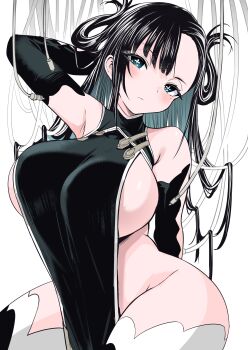 +_+ 1girl absurdres bare_shoulders black_hair blush breasts elbow_gloves gloves hair_rings highres huge_breasts kuniruri_natsuki long_hair naked_tabard nue_no_onmyouji p_answer sideboob simple_background solo tabard thick_thighs thighhighs thighs