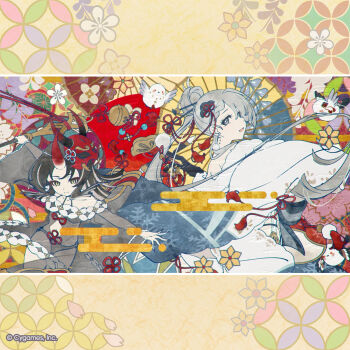 2girls bare_shoulders bell bird black_hair cherry_blossoms closed_mouth collarbone commentary_request company_name copyright_notice cygames earrings floating_hair flower grey_eyes grey_hair groin hair_bun highres horns jewelry logo long_hair mask medium_hair multicolored_hair multiple_girls official_art oil-paper_umbrella oni oni_mask open_mouth petals princess_connect! satsuki_(princess_connect!) second-party_source single_horn snowflakes umbrella white_hair yellow_eyes yuki_onna yukino_(princess_connect!)