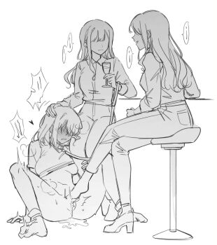 17aijo 3girls bang_dream! bang_dream!_it's_mygo!!!!! breasts chair collar commentary cup dress drinking_glass female_footjob greyscale highres holding holding_cup holding_leash leash medium_breasts misumi_uika monochrome multiple_girls nagasaki_soyo no_shoes pants pussy_juice simple_background sitting togawa_sakiko untranslatable_commentary white_background yuri