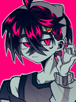 1boy applin bare_shoulders collarbone gen_8_pokemon hair_between_eyes hair_ornament hairclip hand_up highres kieran_(pokemon) looking_to_the_side male_focus mole mole_on_neck monochrome nail_polish nintendo parted_lips partially_colored pink_background pink_eyes pink_nails pokemon pokemon_sv portrait school_uniform solo tank_top titara_1230