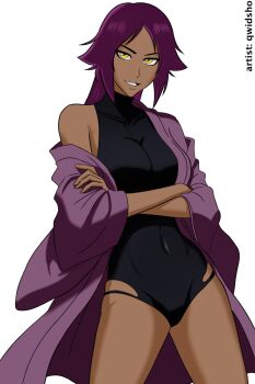 1girl 2025 arms_under_breasts artist_name bare_shoulders bleach breasts crossed_arms dark-skinned_female dark_skin female_focus highres large_breasts parted_bangs purple_hair qwidsho robe shihouin_yoruichi simple_background standing white_background yellow_eyes