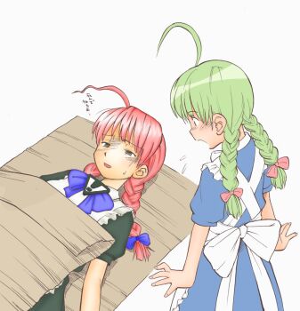 Rule 34 | 2girls, ahoge, apron, bow, braid, green hair, hair ribbon, long hair, maid, maid apron, me-tan, multiple girls, open mouth, os-tan, red hair, ribbon, twin braids, we-tan