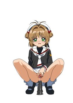anal anal_object_insertion beret blush brown_hair cardcaptor_sakura censored dildo embarrassed hair_bobbles hair_ornament hat kinomoto_sakura loli mosaic_censoring no_panties object_insertion pokopokopokotan pussy pussy_juice school_uniform sex_toy short_hair skirt spread_legs spread_pussy spreading_own_pussy squatting tomoeda_elementary_school_uniform white_background
