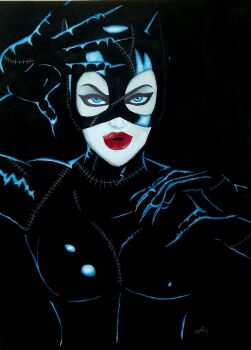 1girl batman_(series) batman_returns black_bodysuit black_eyeshadow black_mask blue_eyes bodysuit breasts catwoman catwoman_costume_(batman_returns) claws dc_comics eyeshadow large_breasts lipstick makeup mask red_lips selina_kyle stitches upper_body