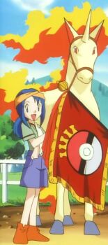 1girl anime_screenshot ankle_boots arm_sling blue_eyes blue_hair boots flag gen_1_pokemon headband highres lara_laramie looking_at_viewer nintendo pokemon pokemon_(anime) pokemon_(classic_anime) pokemon_ep033 ponytail rapidash reins resized shorts shoulder_belt smile third-party_edit upscaled