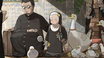 1boy 5girls @_@ aged_down backpack bag beard bernese_mountain_dog bird black_hair blonde_hair blue_bow body_writing book bow brick_wall brown_hair candy chicken chicken_feet closed_eyes commentary diva_(hyxpk) dog doorway duck english_commentary equation facial_hair father_(diva) fishing_rod food gauze glasses goose grey_eyes grey_hair hair_bow hand_on_another's_shoulder hanging_plant highres holding holding_candy holding_food holding_leash holding_lollipop holding_marker leash little_nuns_(diva) lollipop marker math multiple_girls nun peeking physics pink_bow poster_(object) safety_pin shadow slice_of_life spicy_nun's_mother_(diva) star_(symbol) star_nun_(diva) suitcase sunglasses swirl_lollipop traditional_nun wall writing_on_wall