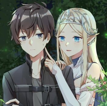 1boy 1girl bad_source bare_shoulders black_eyes black_hair blonde_hair blue_eyes doumeguri_kakeru ecstas_online elf forest nature pointy_ears queen smile ulriel