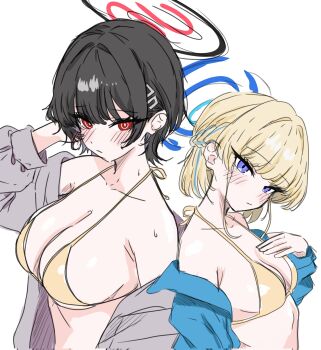 2girls alternate_costume alternate_hairstyle bikini black_hair blonde_hair blue_archive blue_eyes blue_halo blue_jacket blush braid breasts cleavage closed_mouth commentary_request emjookang gold_bikini grey_jacket half_up_braid halo hand_on_own_chest highres jacket korean_commentary large_breasts looking_at_viewer medium_breasts multiple_girls open_clothes open_jacket red_eyes red_halo rio_(blue_archive) short_hair sweat swimsuit toki_(blue_archive)