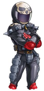 Rule 34 | 1girl, absurdres, belt, brown hair, covered face, cropped legs, crossed arms, edaki shin'ya, elbow pads, game cg, gloves, helmet, highres, jacket, justice gakuen, kazama akira, knee pads, leather, leather pants, moero! justice gakuen, motorcycle helmet, non-web source, official art, pants, simple background, skull print, solo, spikes, studded jacket, white background, zipper, zipper pull tab