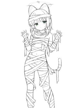 1girl animal_ear_headphones animal_ears bandaged_arm bandaged_chest bandaged_hand bandaged_head bandaged_leg bandaged_neck bandaged_tail bandaged_torso bandages blue_archive blush bow cat_ear_headphones cat_ears cat_tail claw_pose closed_mouth commentary_request fake_animal_ears fake_tail feet_out_of_frame flat_chest green_eyes hair_bow halloween_costume halo hands_up headphones highres looking_at_viewer low-tied_sidelocks medium_hair midori_(blue_archive) monochrome mummy_costume naked_bandage navel partially_colored sidelocks solo standing suiran_(suiran0111) sweatdrop tail tail_raised w_arms