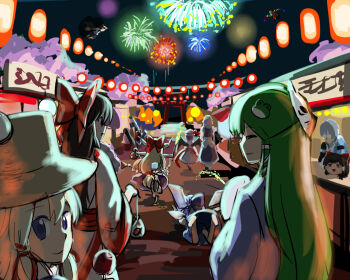 Rule 34 | 1boy, 6+girls, aerial fireworks, cirno, festival, fireworks, flandre scarlet, hakurei reimu, houraisan kaguya, ibuki suika, izayoi sakuya, kochiya sanae, lantern, morichika rinnosuke, moriya suwako, multiple girls, otaku (artist), remilia scarlet, running, shameimaru aya, touhou, yagokoro eirin, yukkuri shiteitte ne