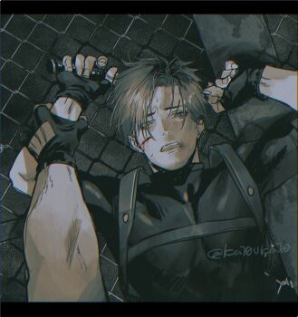2boys black_gloves black_shirt blood blood_on_face brown_hair chain-link_fence fence fingerless_gloves gloves harness holding_another's_wrist injury jack_krauser katou_teppei leon_s._kennedy looking_at_viewer lying male_focus multiple_boys on_back open_mouth parted_bangs resident_evil resident_evil_4 shirt short_hair short_sleeves sweat toned toned_male twitter_username upper_body yaoi