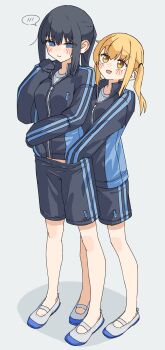 2girls :d @_@ absurdres black_hair black_jacket black_shorts blonde_hair blue_background blue_eyes blush_stickers closed_mouth commentary_request fang hand_under_clothes highres jacket kopaka_(karda_nui) long_hair multiple_girls no_socks open_mouth original ponytail shadow shoes shorts simple_background smile spoken_blush standing track_jacket twintails white_shoes yellow_eyes yuri