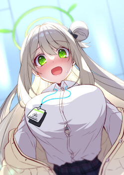 1girl black_skirt blonde_hair blue_archive blush breasts button_gap cardigan collared_shirt commentary_request green_eyes hair_between_eyes hair_bun halo highres id_card lap_pov large_breasts long_hair long_sleeves looking_at_viewer nonomi_(blue_archive) open_clothes open_mouth ringo_sui shirt shirt_tucked_in single_side_bun skirt solo sweatdrop white_shirt yellow_cardigan