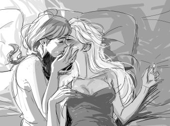 2girls anna_(frozen) blush body_freckles breasts cleavage closed_eyes commentary_request delle_and_anna dress elsa_(frozen) freckles frozen_(disney) greyscale highres incest kiss korean_commentary long_hair medium_breasts monochrome multiple_girls on_bed pillow siblings sisters tank_top yuri